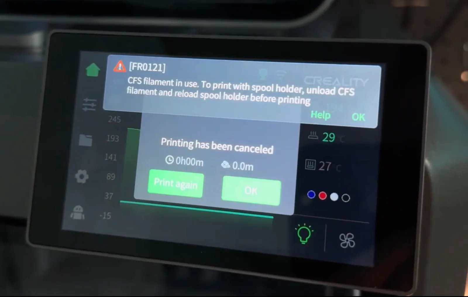a photo of the Creality K2 Plus printer screen. a print is failed with the error "FR0121: CFS Filament in use"