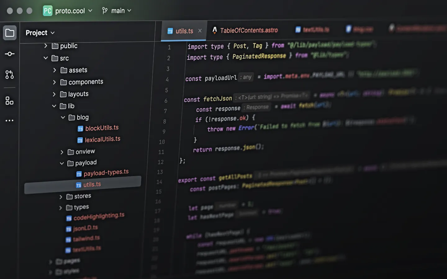 A screenshot of WebStorm IDE displaying code from my personal site, proto.cool